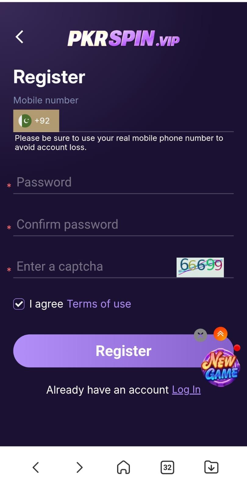 PKR SPIN Game Register