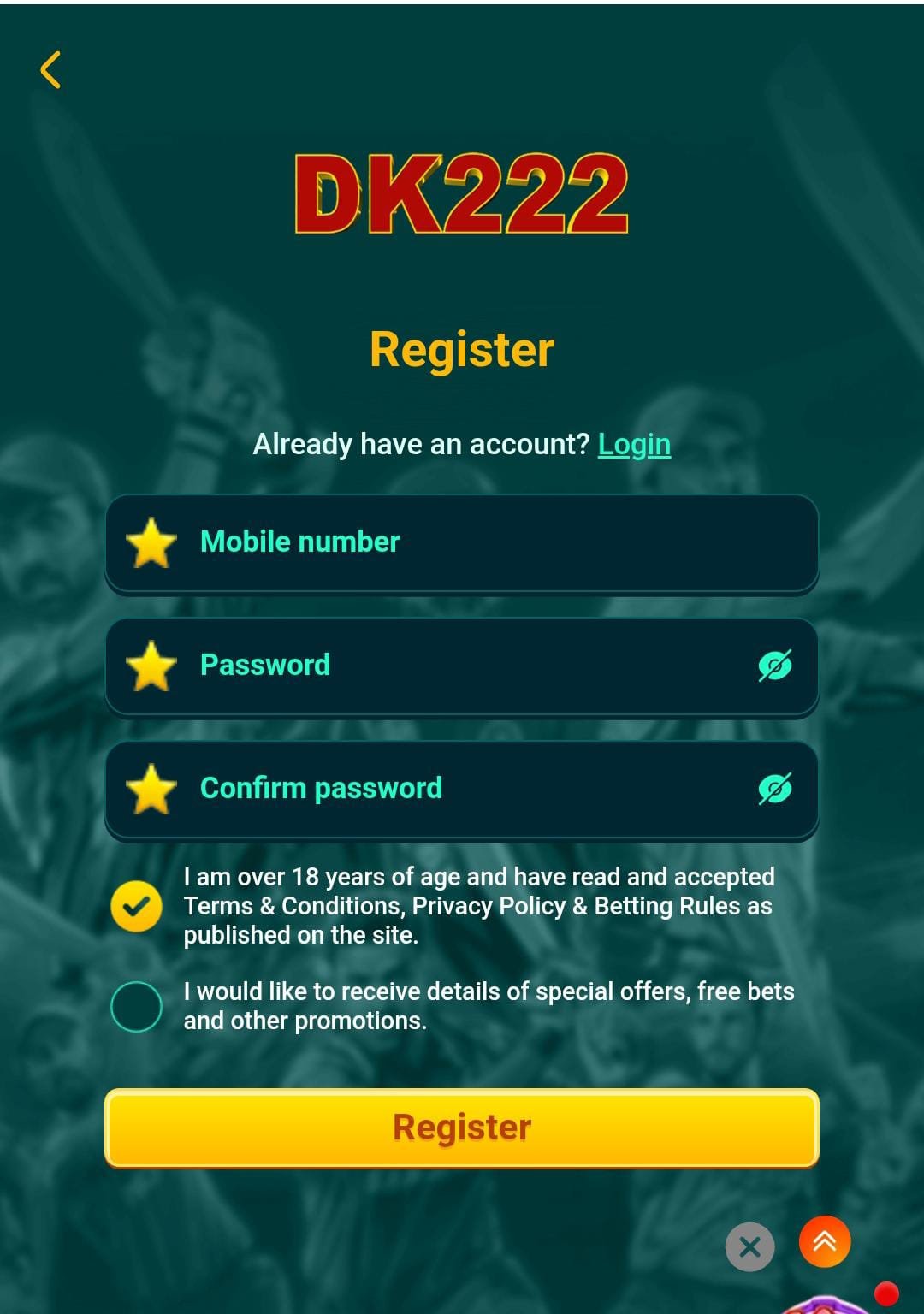 DK22 Game Register and Login