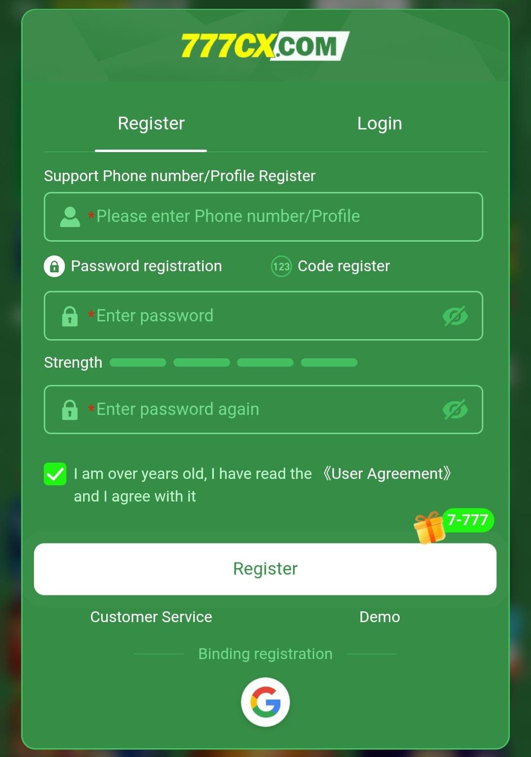 77CX Game Register and Login